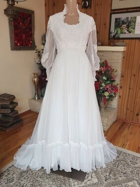 ✨ 1970s Boho Dream: Lace & Sheer Bishop Sleeve Gown ✨